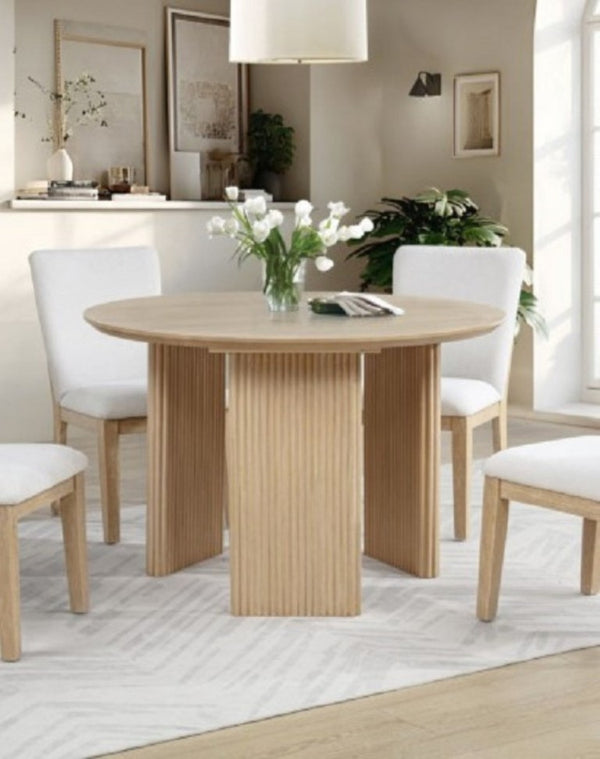 English Elm Natural Oak Round Dining Table with Fluted Legs for Japandi and Minimalist Spaces Light Oak Fluted Design Legs B011P543507