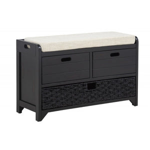 English Elm Storage Bench with Drawers Basket and Padded Seat Acacia Wood Entryway Organizer Espresso B011P544097