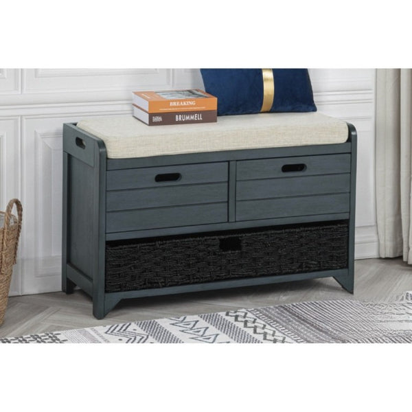 English Elm Storage Bench with Drawers Basket and Padded Seat Acacia Wood Entryway Organizer Gray B011P544099