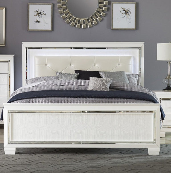 English Elm Glamorous Queen Headboard with LED Backlight Beveled Mirror Trim and Tufted Faux Leather B011P546509