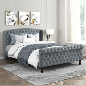English Elm Modern Queen Platform Bed Dark Gray Velvet Tufted Wingback Headboard No Box Spring Grey B011P549019