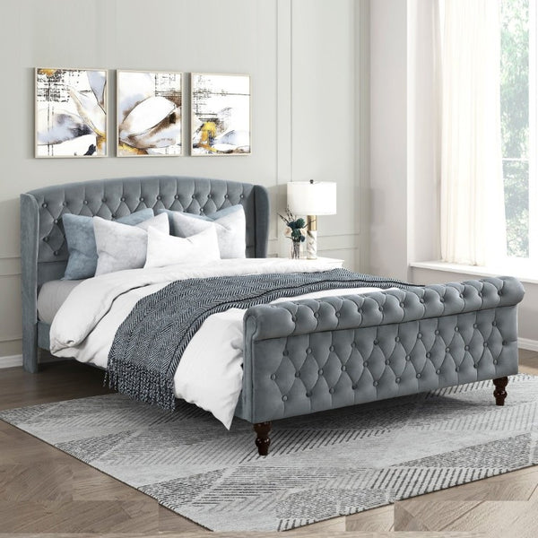 English Elm Modern Queen Platform Bed Dark Gray Velvet Tufted Wingback Headboard No Box Spring Grey B011P549019