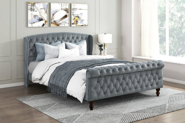 English Elm Modern Queen Platform Bed Dark Gray Velvet Tufted Wingback Headboard No Box Spring Grey B011P549019
