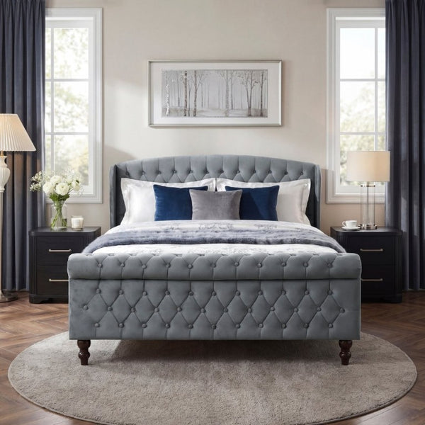 English Elm Modern Queen Platform Bed Dark Gray Velvet Tufted Wingback Headboard No Box Spring Grey B011P549019