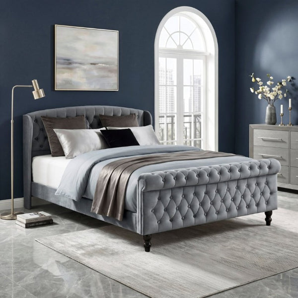 English Elm Modern Queen Platform Bed Dark Gray Velvet Tufted Wingback Headboard No Box Spring Grey B011P549019