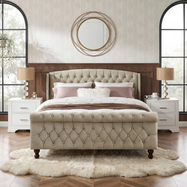 English Elm Modern Queen Platform Bed Dark Gray Velvet Tufted Wingback Headboard No Box Spring Brown B011P549020