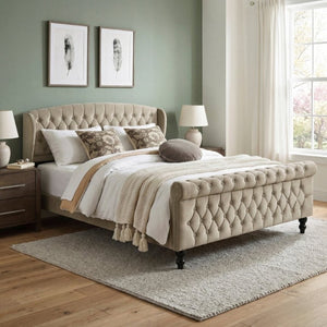 English Elm Modern Queen Platform Bed Dark Gray Velvet Tufted Wingback Headboard No Box Spring Brown B011P549020