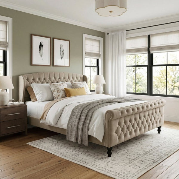 English Elm Modern Queen Platform Bed Dark Gray Velvet Tufted Wingback Headboard No Box Spring Brown B011P549020