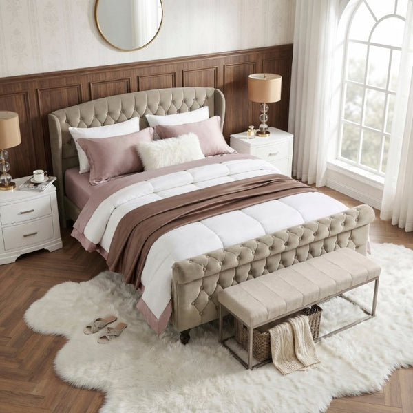 English Elm Modern Queen Platform Bed Dark Gray Velvet Tufted Wingback Headboard No Box Spring Brown B011P549020