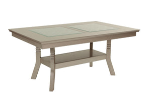 English Elm Dining Table with Glass Top Silver Rubberwood Frame Arched Base and Lower Display Shelf B011P552420