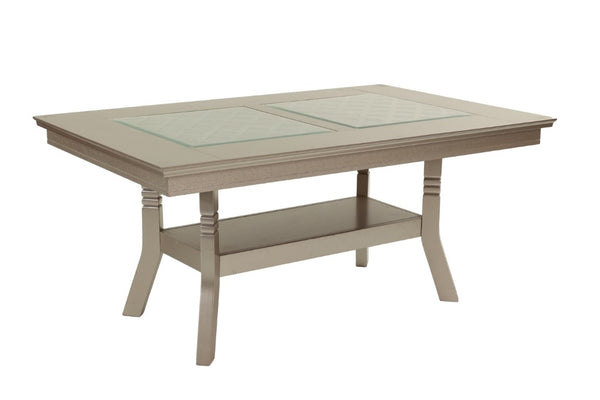 English Elm Dining Table with Glass Top Silver Rubberwood Frame Arched Base and Lower Display Shelf B011P552420