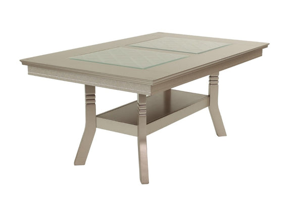 English Elm Dining Table with Glass Top Silver Rubberwood Frame Arched Base and Lower Display Shelf B011P552420