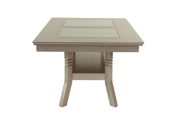 English Elm Dining Table with Glass Top Silver Rubberwood Frame Arched Base and Lower Display Shelf B011P552420