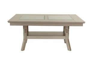 English Elm Dining Table with Glass Top Silver Rubberwood Frame Arched Base and Lower Display Shelf B011P552420