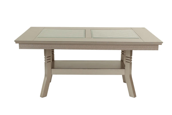 English Elm Dining Table with Glass Top Silver Rubberwood Frame Arched Base and Lower Display Shelf B011P552420