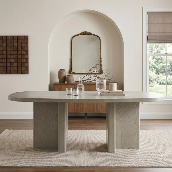 English Elm Contemporary Oval Dining Table with Double Pedestal Base Oak Veneer Seats Six B011P553100