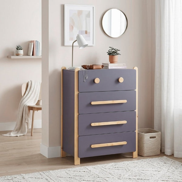 English Elm Contemporary Two Tone Plum Wood Four Drawer Vertical Dresser for Compact Bedroom Storage B011P554816