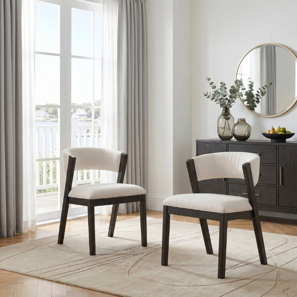 English Elm Black Wood Frame Dining Side Chairs Set of 2 Beige Upholstered Curved Open Back B011P555618