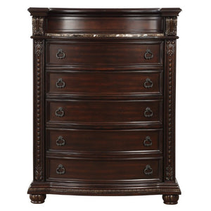 English Elm Dark Cherry Five Drawer Chest with Marble Top Carved Acanthus Birch Veneer Bedroom B011P559631