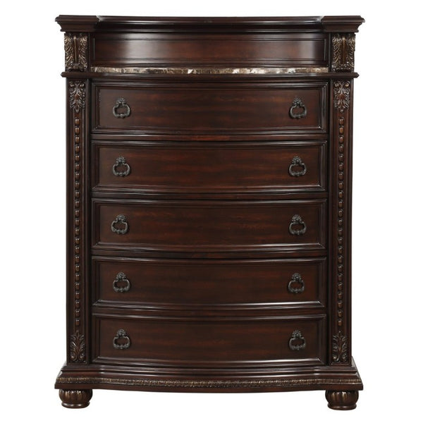 English Elm Dark Cherry Five Drawer Chest with Marble Top Carved Acanthus Birch Veneer Bedroom B011P559631