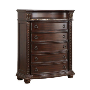 English Elm Dark Cherry Five Drawer Chest with Marble Top Carved Acanthus Birch Veneer Bedroom B011P559631
