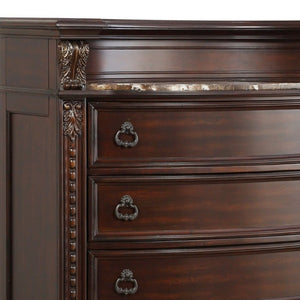 English Elm Dark Cherry Five Drawer Chest with Marble Top Carved Acanthus Birch Veneer Bedroom B011P559631