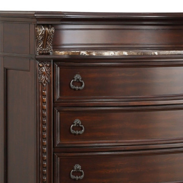 English Elm Dark Cherry Five Drawer Chest with Marble Top Carved Acanthus Birch Veneer Bedroom B011P559631