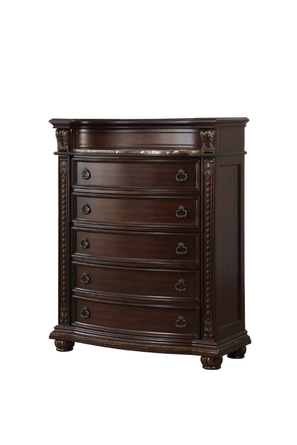 English Elm Dark Cherry Five Drawer Chest with Marble Top Carved Acanthus Birch Veneer Bedroom B011P559631