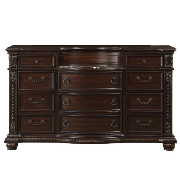 English Elm Dark Cherry Birch Dresser with Marble Top 11 Drawers Gold Tipping Old World Carved Detail B011P559633