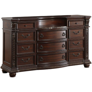 English Elm Dark Cherry Birch Dresser with Marble Top 11 Drawers Gold Tipping Old World Carved Detail B011P559633