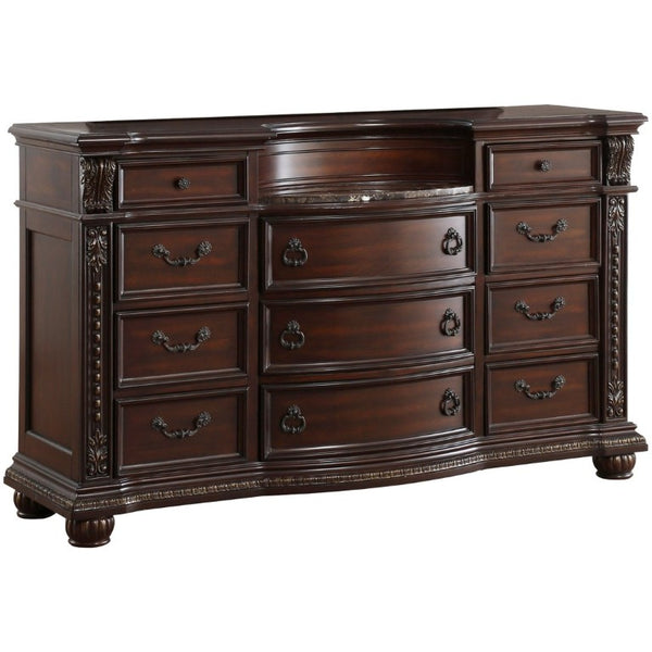 English Elm Dark Cherry Birch Dresser with Marble Top 11 Drawers Gold Tipping Old World Carved Detail B011P559633