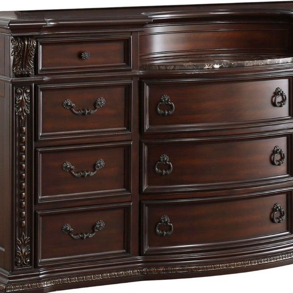 English Elm Dark Cherry Birch Dresser with Marble Top 11 Drawers Gold Tipping Old World Carved Detail B011P559633