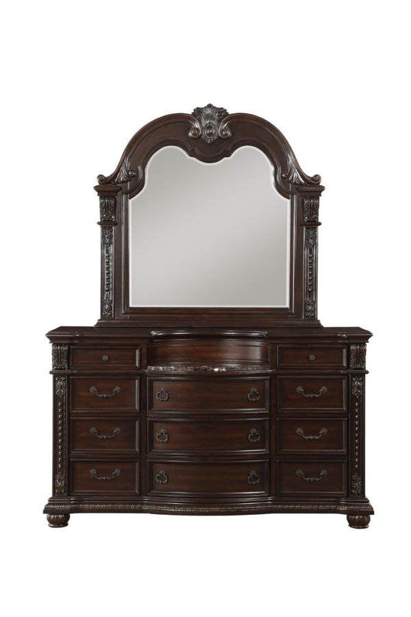 English Elm Dark Cherry Birch Dresser with Marble Top 11 Drawers Gold Tipping Old World Carved Detail B011P559633