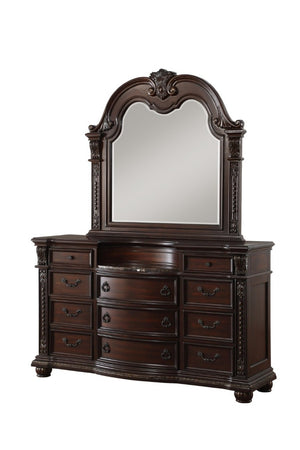 English Elm Dark Cherry Birch Dresser with Marble Top 11 Drawers Gold Tipping Old World Carved Detail B011P559633