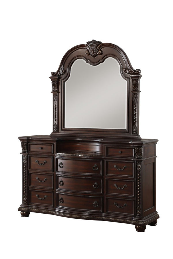 English Elm Dark Cherry Birch Dresser with Marble Top 11 Drawers Gold Tipping Old World Carved Detail B011P559633