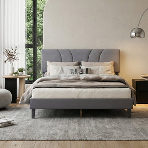 English Elm Modern Full Platform Bed Tall Upholstered Headboard Dark Gray Fabric Bedroom Frame B011P561022