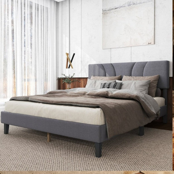English Elm Modern Full Platform Bed Tall Upholstered Headboard Dark Gray Fabric Bedroom Frame B011P561022