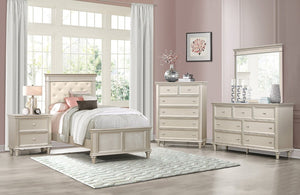 English Elm Modern Glam Seven Drawer Dresser Silver Finish Embossed Fronts Chrome Knobs Bedroom B011P562406
