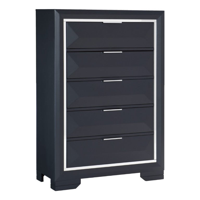 English Elm Modern Midnight Blue Lacquer Tall Five Drawer Chest with Chrome Acrylic Trim Bedroom B011P562493