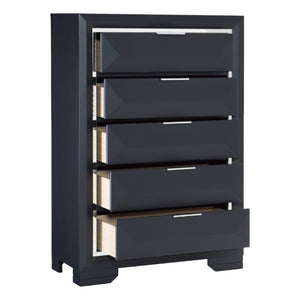English Elm Modern Midnight Blue Lacquer Tall Five Drawer Chest with Chrome Acrylic Trim Bedroom B011P562493