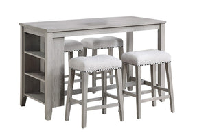 English Elm Antique Black Rubberwood Counter Height Dining Set with Open Shelf Storage and Four Stools Light Gray B011P564876