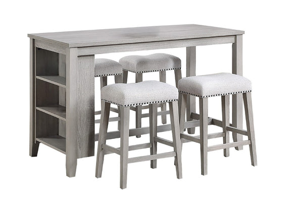 English Elm Antique Black Rubberwood Counter Height Dining Set with Open Shelf Storage and Four Stools Light Gray B011P564876