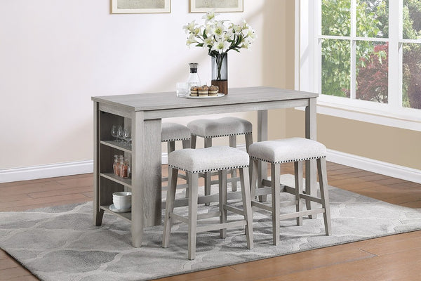 English Elm Antique Black Rubberwood Counter Height Dining Set with Open Shelf Storage and Four Stools Light Gray B011P564876