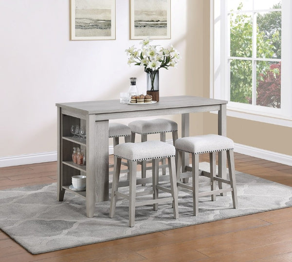 English Elm Antique Black Rubberwood Counter Height Dining Set with Open Shelf Storage and Four Stools Light Gray B011P564876