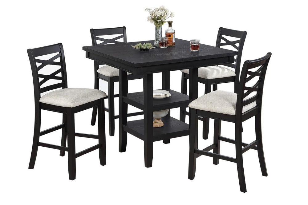 English Elm Antique Black 5 Piece Counter Height Dining Set with Cross Back Chairs and Storage Shelf B011P564881