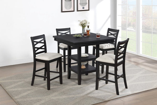 English Elm Antique Black 5 Piece Counter Height Dining Set with Cross Back Chairs and Storage Shelf B011P564881