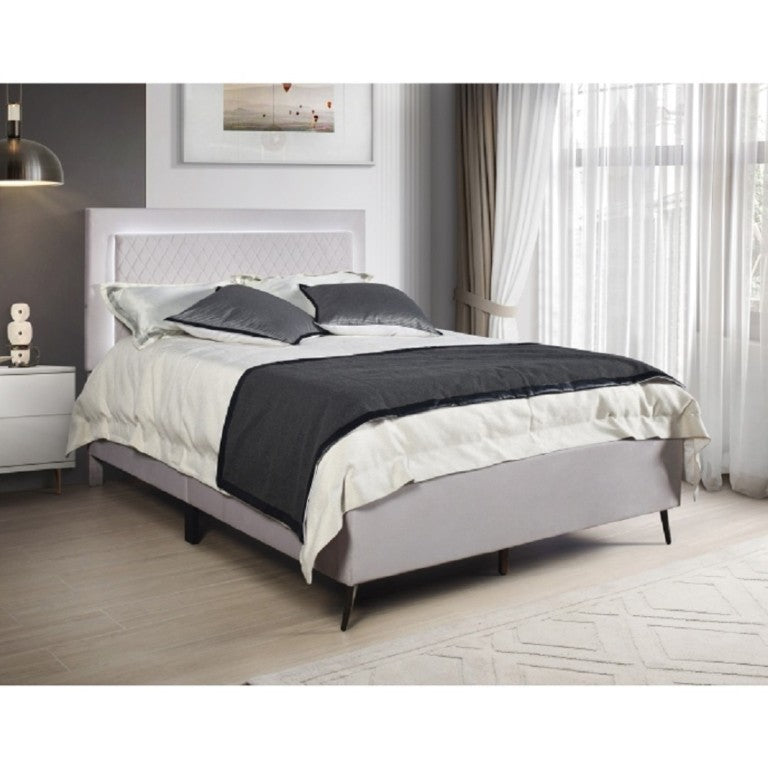 English Elm Velvet Full Platform Bed with LED Headboard Lattice Tufting and Angled Metal Legs Light Gray B011P565581