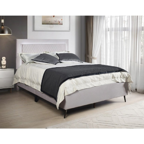 English Elm Velvet Full Platform Bed with LED Headboard Lattice Tufting and Angled Metal Legs Light Gray B011P565581