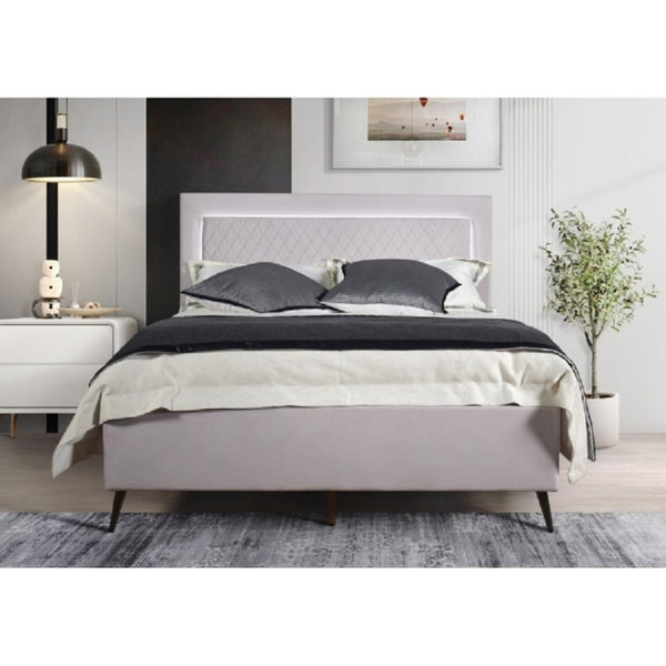 English Elm Velvet Full Platform Bed with LED Headboard Lattice Tufting and Angled Metal Legs Light Gray B011P565581