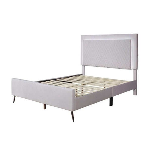 English Elm Velvet Full Platform Bed with LED Headboard Lattice Tufting and Angled Metal Legs Light Gray B011P565581